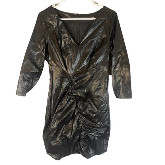 Zara Black Fitted Faux Leather V-Neck Ruched Bodycon Dress Women Sz M - Picture 1 of 10